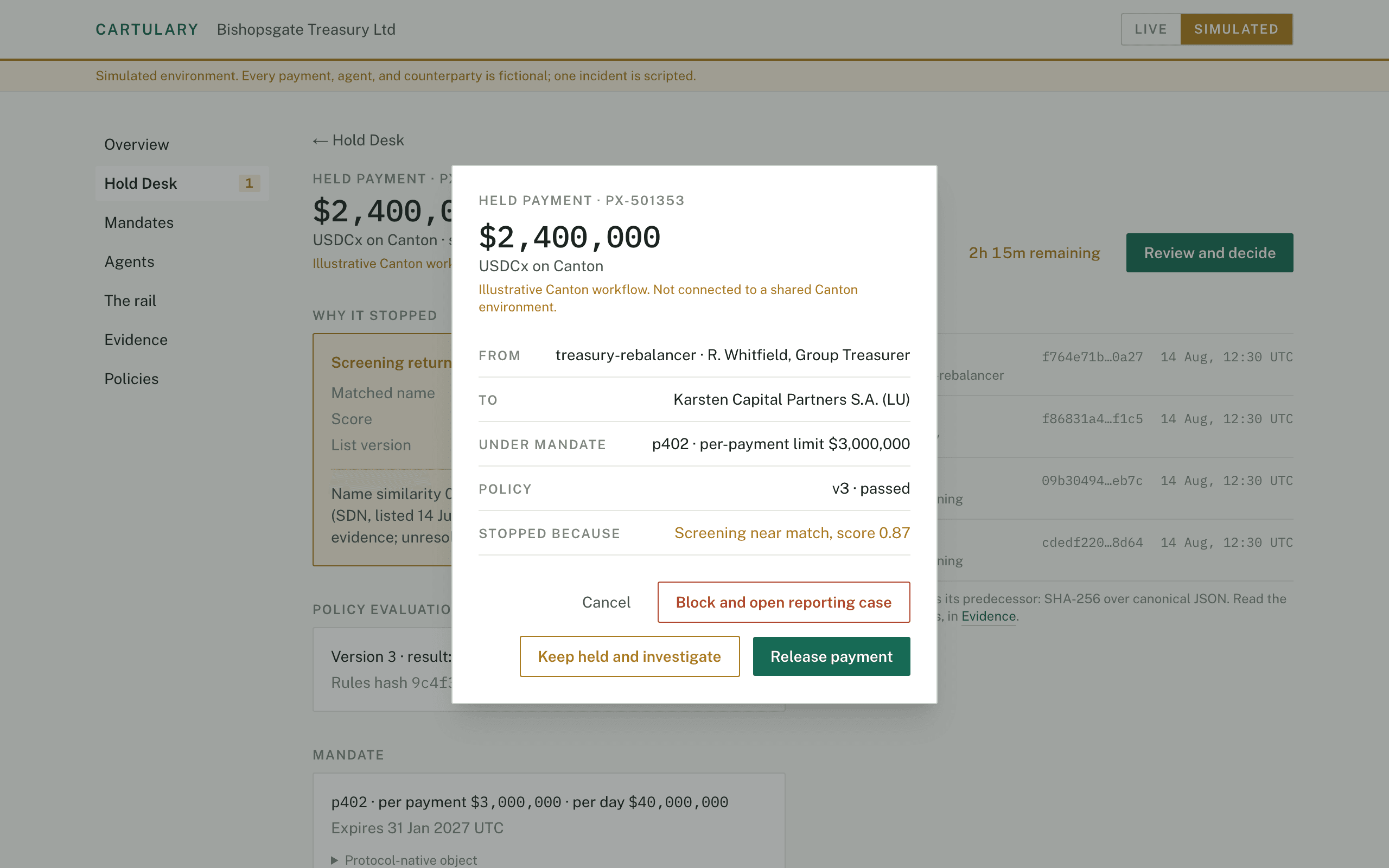 The approval sheet over a held payment, with three dispositions.